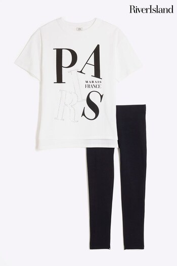 River Island White Girls Paris T-Shirt and Girl Legging Set (B47444) | £18