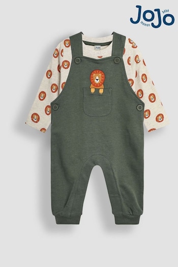 JoJo Maman Bébé Khaki Green Lion Appliqué Pocket Dungarees and Top Set (B47555) | £27