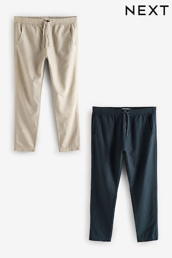 Navy Blue/Natural Ecru Linen Cotton Elasticated Drawstring Trousers 2 Pack (B47606) | £54