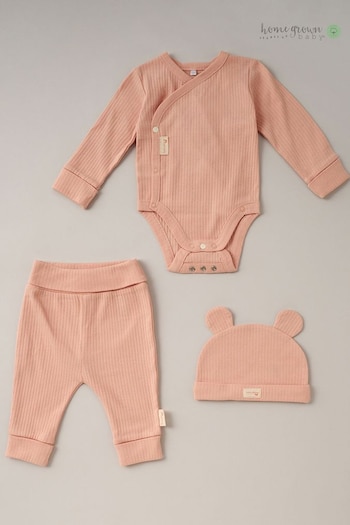 Homegrown Pink 3 Piece Ribbed Bodysuit Joggers And Bear Hat Set (B47766) | £22