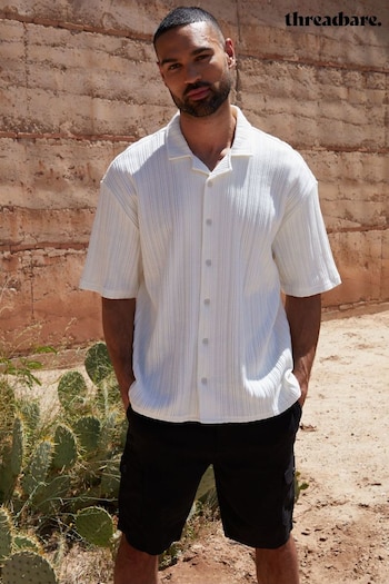 Threadbare White Cotton Revere Collar Textured Stripe Short Sleeve Shirt (B47870) | £26