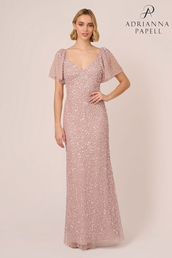 Adrianna Papell Pink V-Neck Beaded Mesh Long Dress (B48247) | £349