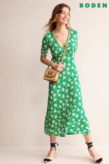 Boden Green Rebecca Jersey Midi Tea Dress long-sleeve (B48258) | £85