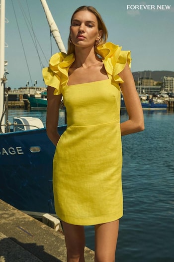 Forever New Yellow Pure Linen Mackenzie Ruffle Sleeves Mini Dress (B48285) | £100