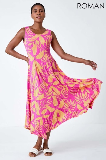 Roman Pink Tropical Print Pleated Maxi Stretch Dress (B48287) | £42