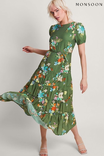 Monsoon Green Zafia Tiered Dress (B48442) | £125