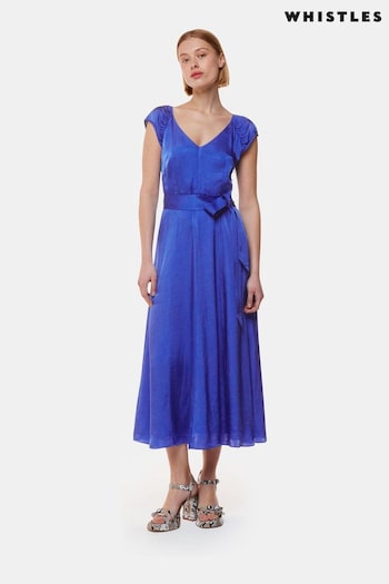 Whistles Blue Arie Hammered Satin Midi Dress (B48496) | £189