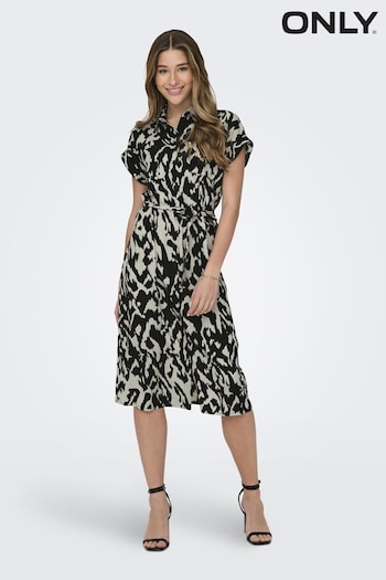 ONLY Cream Short Sleeve Printed Button Up Midi fit Shirt Dress (B48582) | £38