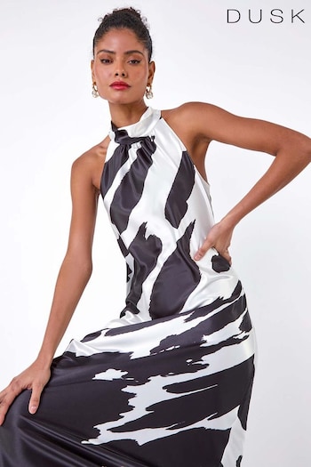 Dusk Black Satin Abstract Print Halterneck Dress (B48736) | £60