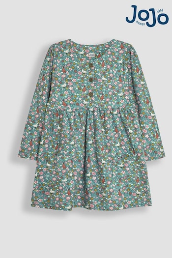 JoJo Maman Bébé Duck Egg Duck & Fox Floral Button Front Dress (B48768) | £24