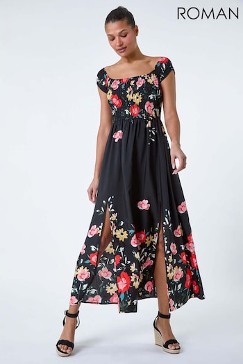 Roman Black Floral Shirred Bardot Maxi Dress (B48835) | £38