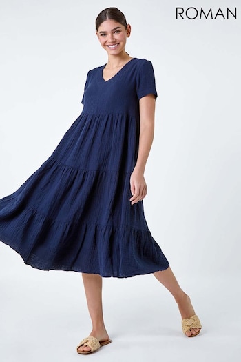 Roman Blue Cotton Waffle Tiered Midi Knit Dress (B48902) | £42