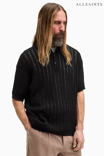 AllSaints Black Miller Short Sleeve Polo Shirt (B48916) | £129
