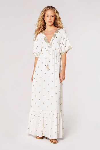 Apricot Cream Bohemian Dot V-Neck Maxi Dress (B49028) | £60