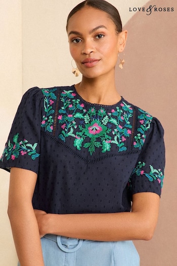 Love & Roses Navy Blue Embroidered Yoke Puff Sleeve Blouse (B49154) | £38