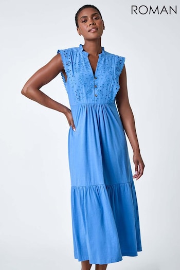 Roman Blue Broderie Frilled Cotton Midi Dress (B49345) | £42