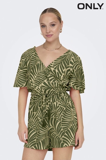 ONLY Green Plam Print Playsuit With A Touch Of Linen (B49348) | £38