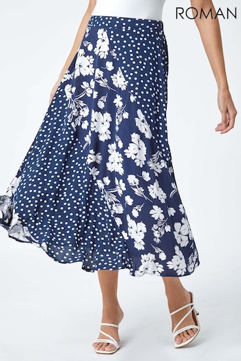 Roman Blue Mixed Floral Spot Print Midi Stretch Skirt (B49422) | £32