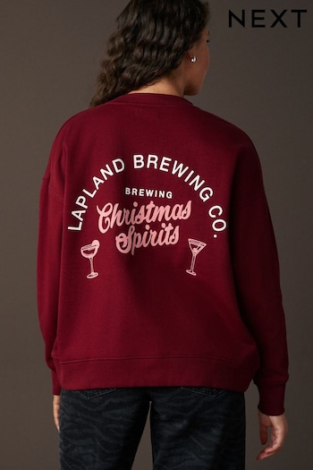 Burgundy Red/Berry Festive Spirits Christmas Lapland Brewing Co Fun Graphic Crew Neck Sweatshirt (B49460) | £32