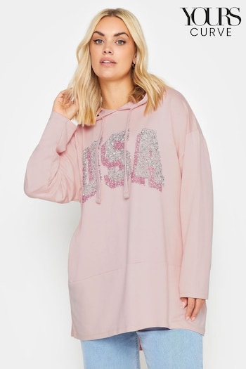 Yours Curve Pink 'USA' Sequin Slogan Longline Hoodie (B49483) | £31