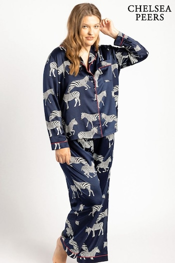 Chelsea Peers Blue Curve Satin Zebra Print Long Pyjama Set (B49703) | £55