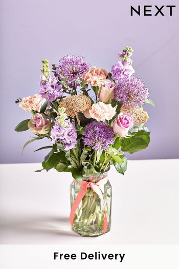 Lilac and Peach Rose and Allium Fresh Flower Bouquet With Vase (B49844) | £40