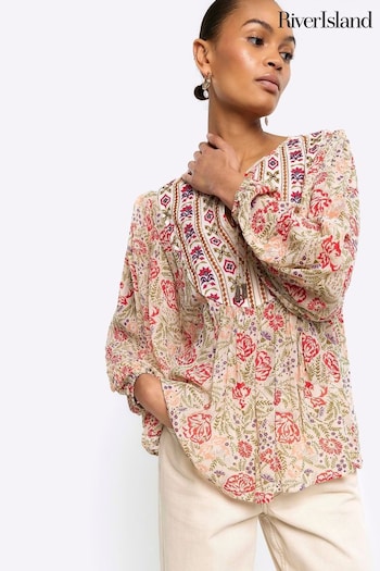 River Island Cream Floral Embroidered Smock Top (B49875) | £45