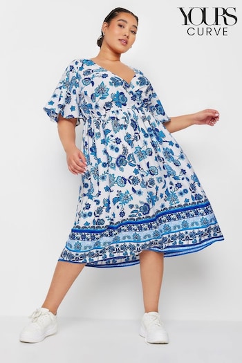 Yours Curve Blue Limited Border Puff Sleeve Midaxi D-Ring Dress (B49904) | £34