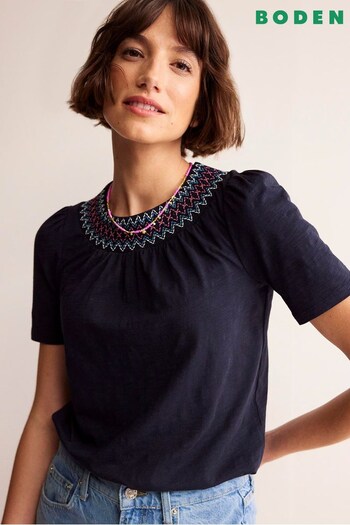 Boden Blue Smock Neck Puff Sleeve Top (B50090) | £42