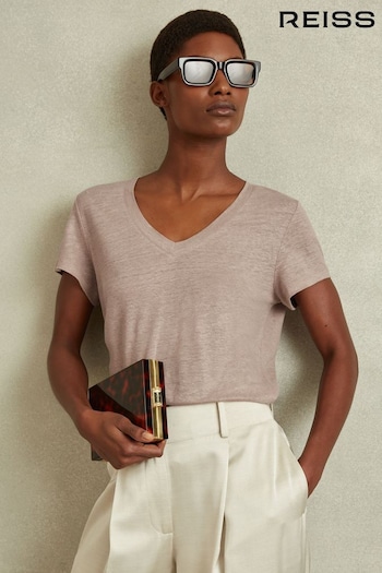 Reiss Mink Lottie Marled Linen V-Neck T-Shirt (B50271) | £58