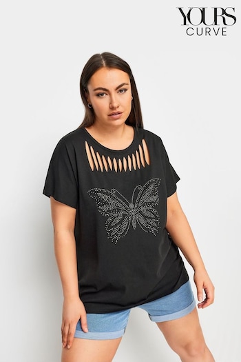 Yours Curve Black Cut Out Butterfly Embellished T-Shirt (B50283) | £20