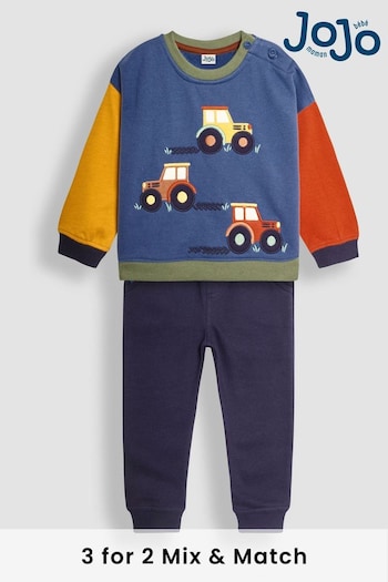 JoJo Maman Bébé Denim Blue Tractor Colour Block Appliqué Sweatshirt & Jogger Set (B50304) | £30