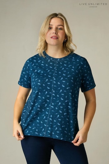 Live Unlimited Curve Blue Paisley Print Cotton Slub Round Neck T-Shirt (B50309) | £45