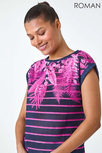 Roman Pink Tropical Leaf Stripe Stretch T-Shirt (B50312) | £26