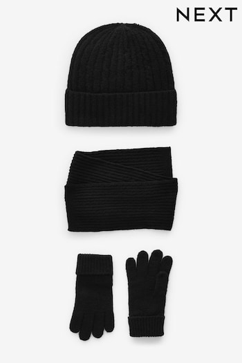 Black Cable Cable Hat, Gloves and Scarf Set (3-16yrs) (B50617) | £16 - £19