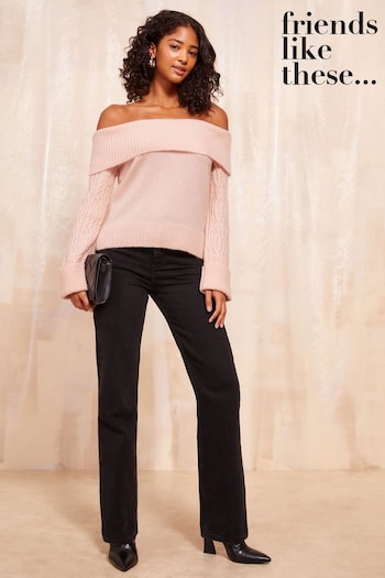 Friends Like These Pink Petite Cable Sleeve Off The Shoulder Jumper (B50698) | £36