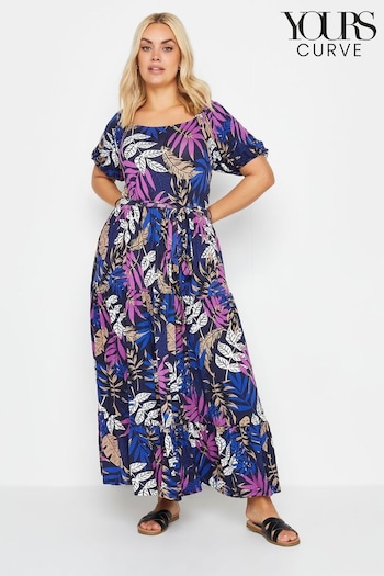 Yours Curve Blue Leaf Print Tiered Maxi Dress (B50808) | £37