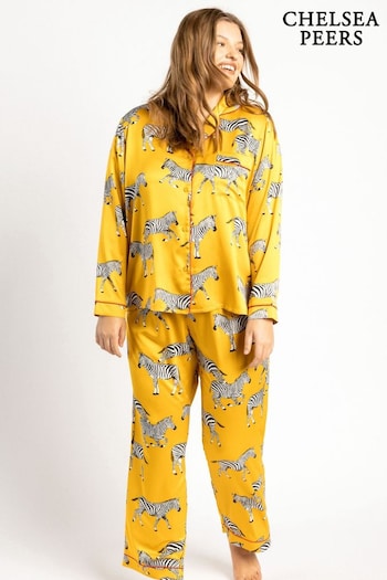 Chelsea Peers Yellow Curve Satin Mustard Zebra Print Long Pyjama Set (B50855) | £55