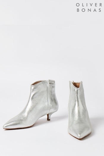 Oliver Bonas Silver Pointed Kitten Heel Leather charmantes Boots (B50887) | £110