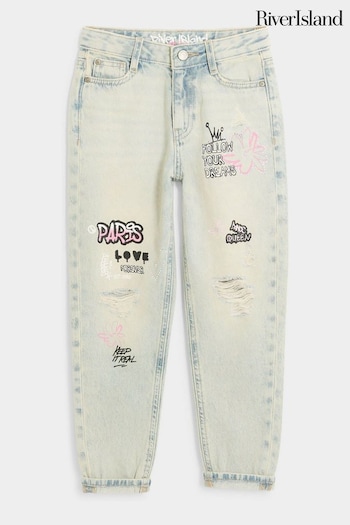 River Island Blue Mom Girls Paris Graffiti 100% Cotton Jeans (B50916) | £28 - £35