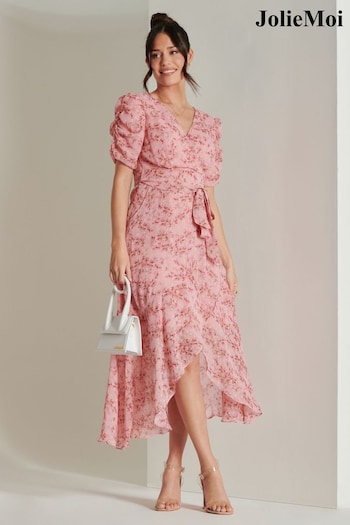 Jolie Moi Pink Print Metallic Textured Chiffon Midi Dress (B51308) | £75
