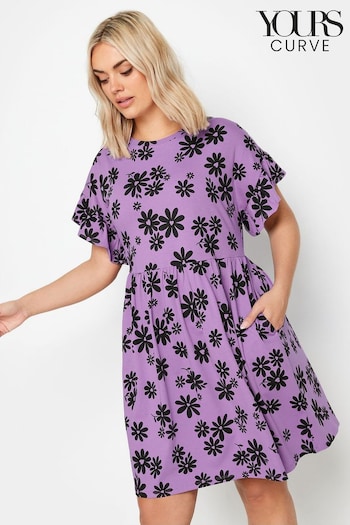 Yours Curve Purple YOURS Curve Purple Daisy Print Frill Sleeve Smock Tunic Dress (B51394) | £26