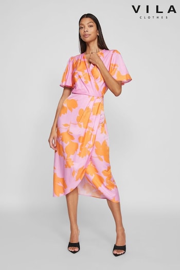 VILA Pink Flutter Sleeve Wrap Dress (B51501) | £52