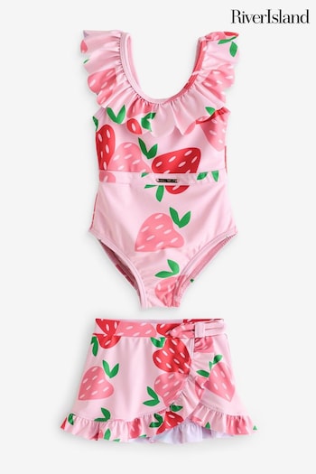 River Island Pink Girls Strawberry Swimsuit Set (B51545) | £25