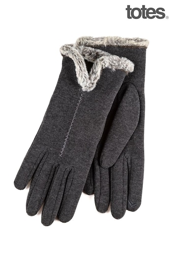 Totes Grey Isotoner Ladies Thermal Smartouch Gloves With Tipped Faux Fur Cuff (B51646) | £15