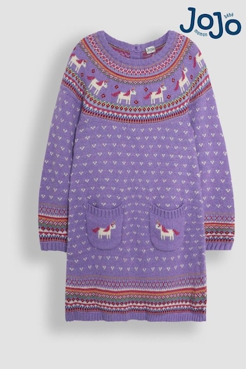 JoJo Maman Bébé Lilac Unicorn Fair Isle Knitted Dress (B52050) | £34