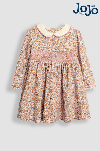 JoJo Maman Bébé Mustard Floral Smocked Peter Pan Dress (B52124) | £24