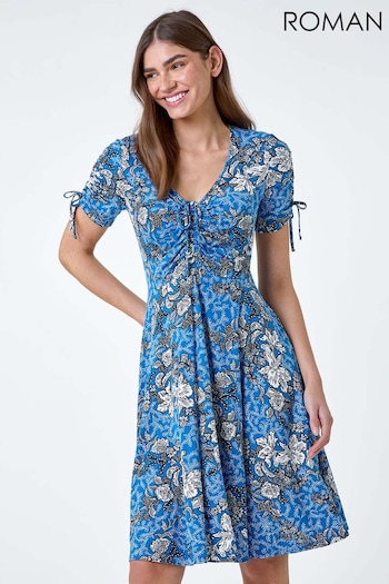 Roman Blue Floral Gathered Tie Detail Stretch Dress (B52147) | £42