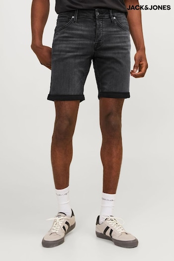 JACK & JONES Black Slim Fit Rolled Hem Denim Shorts rise (B52166) | £32