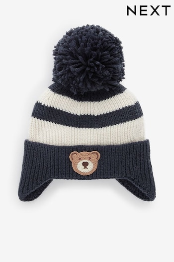 Navy Blue Stripe Bear Pom Hat (3mths-10yrs) (B52491) | £6 - £8